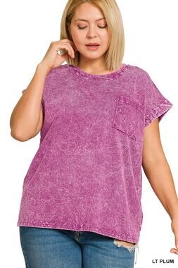 NWOT Zenana crinkle washed round neck tee light plum 1X